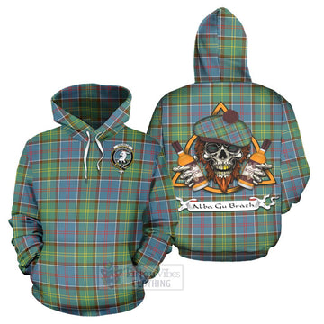 Colville Tartan Hoodie with Family Crest and Bearded Skull Holding Bottles of Whiskey