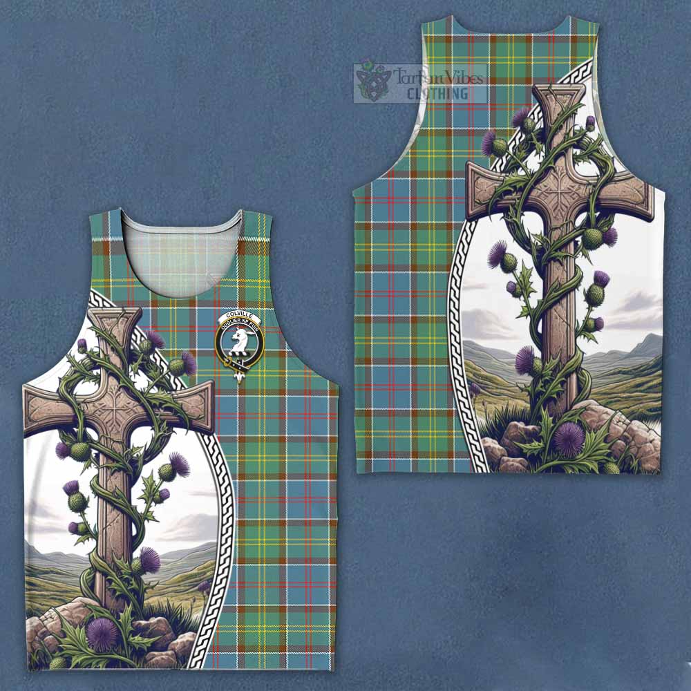 Tartan Vibes Clothing Colville Tartan Men's Tank Top with Family Crest and St. Andrew's Cross Accented by Thistle Vines