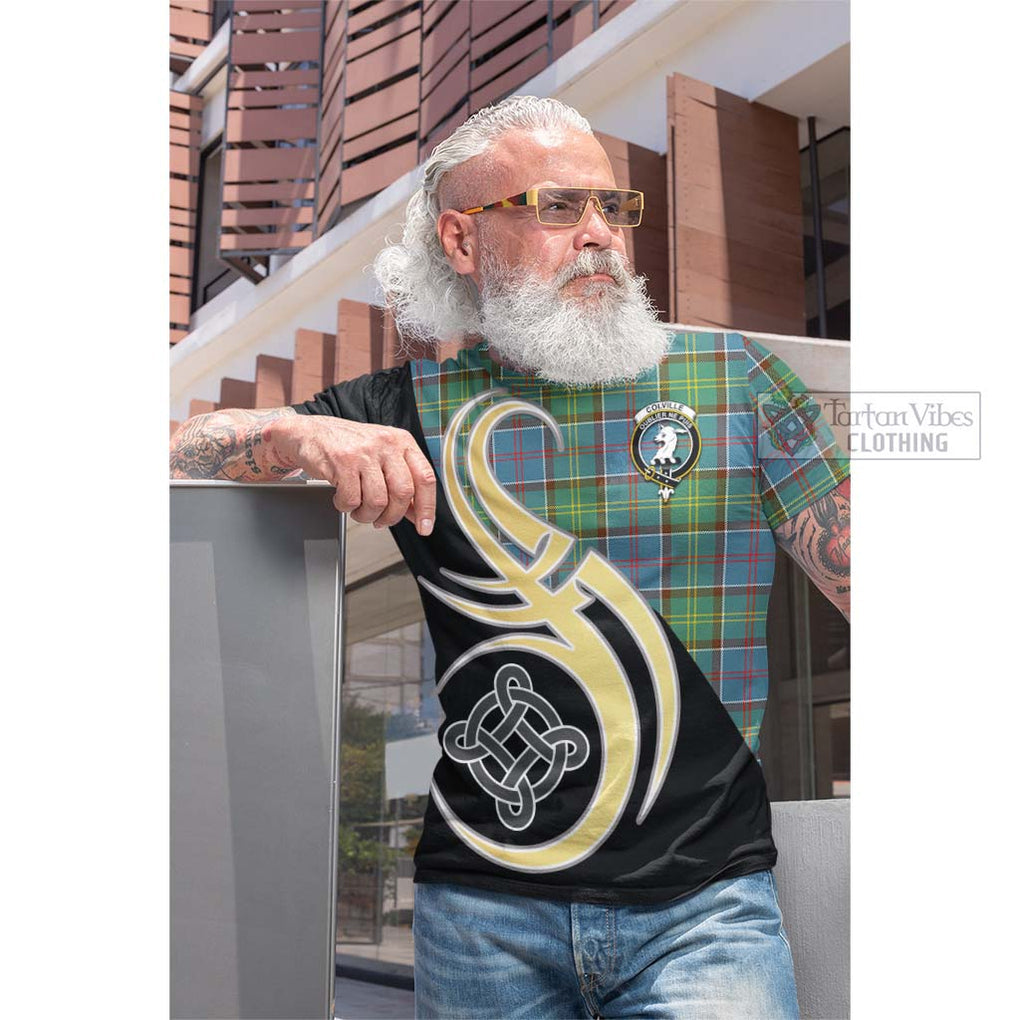 Tartan Vibes Clothing Colville Tartan Cotton T-shirt with Family Crest and Celtic Symbol Style