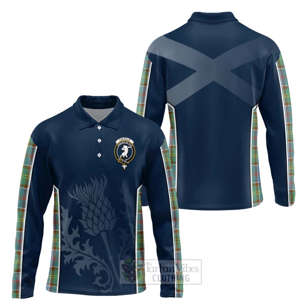 Tartan Vibes Clothing Colville Tartan Long Sleeve Polo Shirt with Family Crest and Scottish Thistle Vibes Sport Style