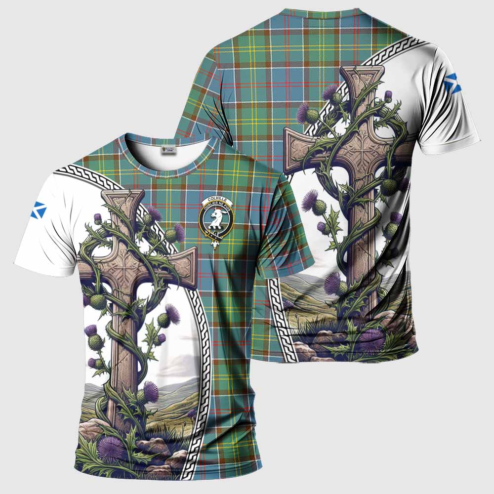 Tartan Vibes Clothing Colville Agnew Tartan T-Shirt with Family Crest and St. Andrew's Cross Accented by Thistle Vines