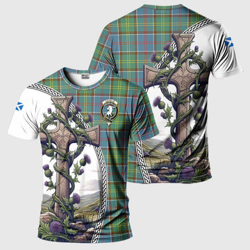 Colville Tartan T-Shirt with Family Crest and St. Andrew's Cross Accented by Thistle Vines