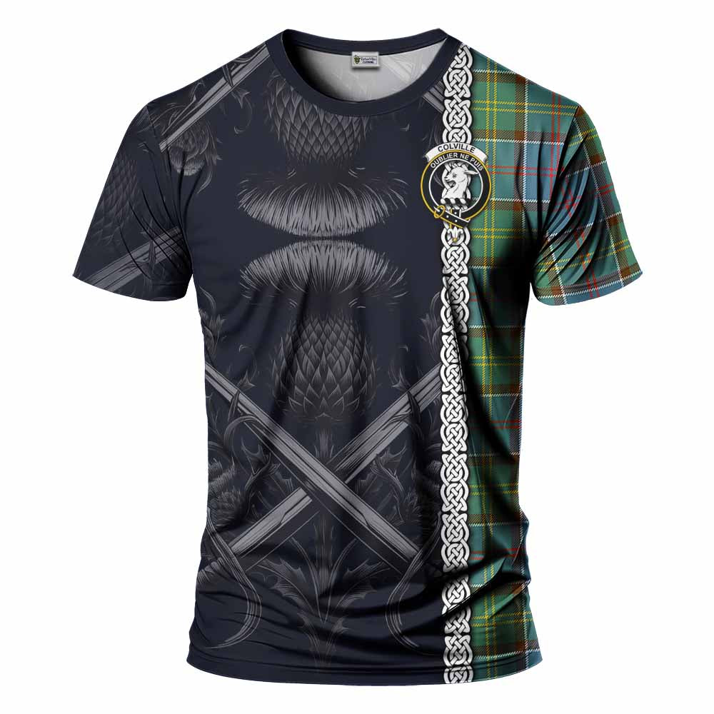 Tartan Vibes Clothing Colville Tartan T-Shirt with Family Crest Cross Sword Thistle Celtic Vibes