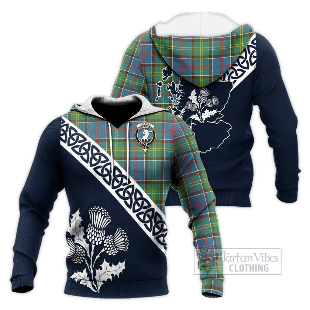 Tartan Vibes Clothing Colville Tartan Knitted Hoodie Featuring Thistle and Scotland Map