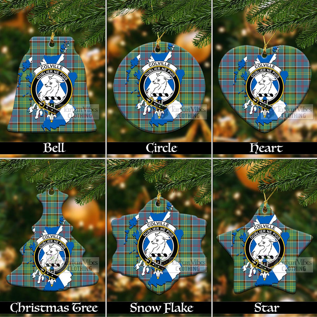 Tartan Vibes Clothing Colville Tartan Christmas Ornament with Family Crest and Scotland Map