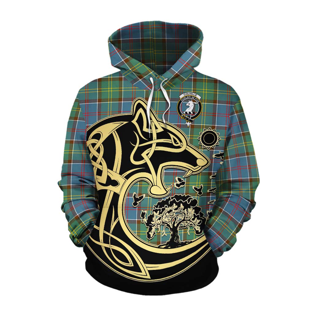 Tartan Vibes Clothing Colville Tartan Cotton Hoodie with Family Crest Celtic Wolf Style