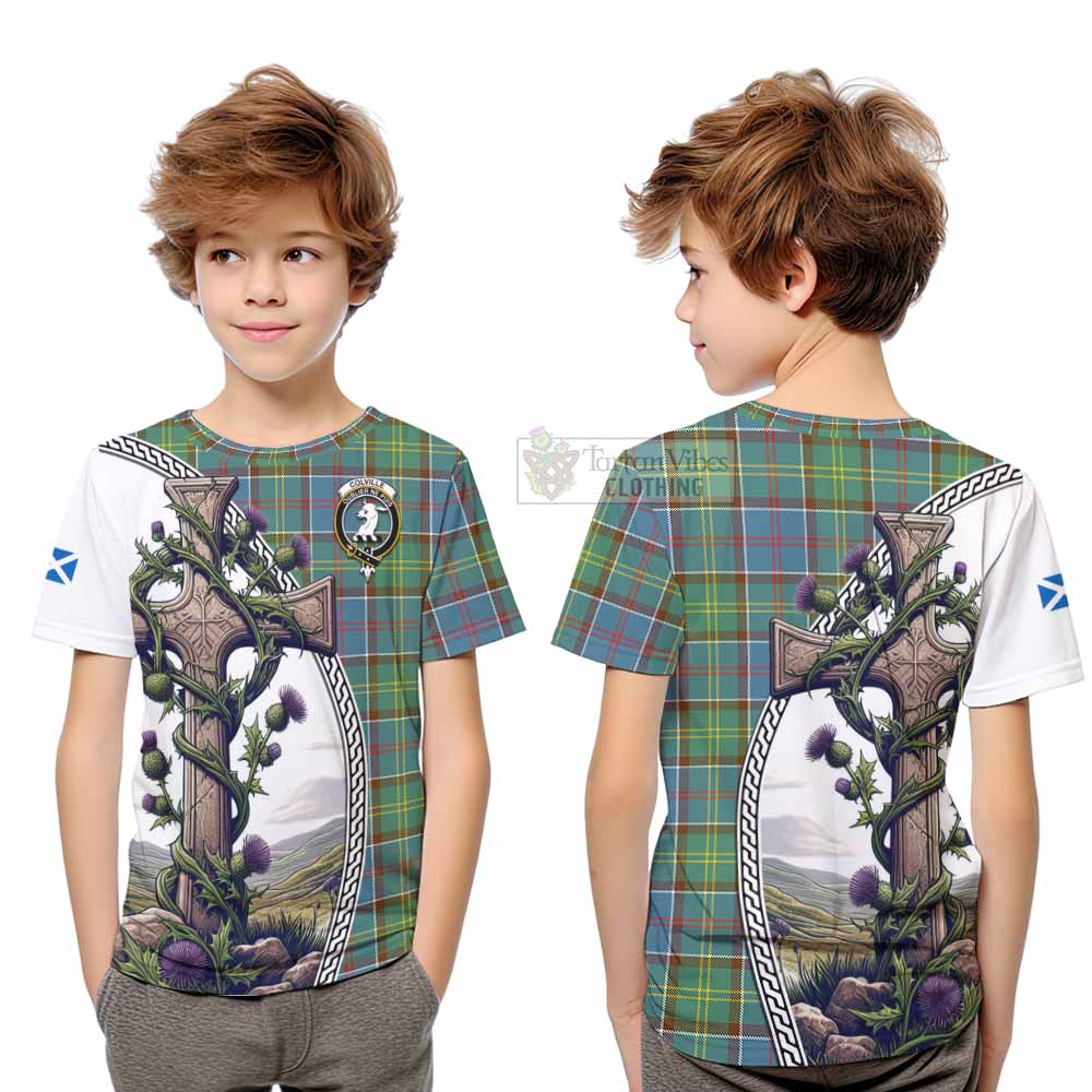 Tartan Vibes Clothing Colville Tartan Kid T-Shirt with Family Crest and St. Andrew's Cross Accented by Thistle Vines