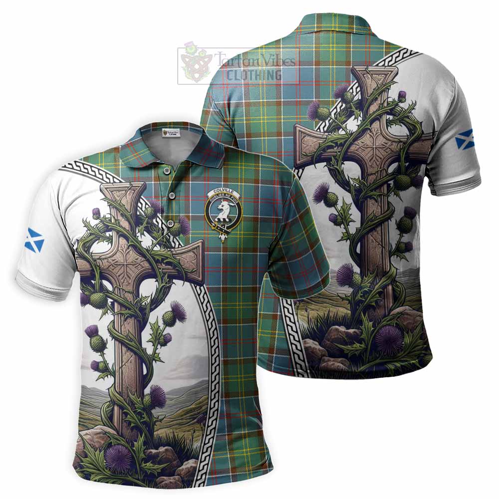 Tartan Vibes Clothing Colville Tartan Polo Shirt with Family Crest and St. Andrew's Cross Accented by Thistle Vines