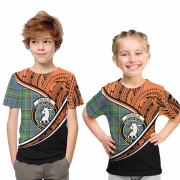 Colville Crest Tartan Kid T-Shirt with Polynesian Vibes Style - Orange Version