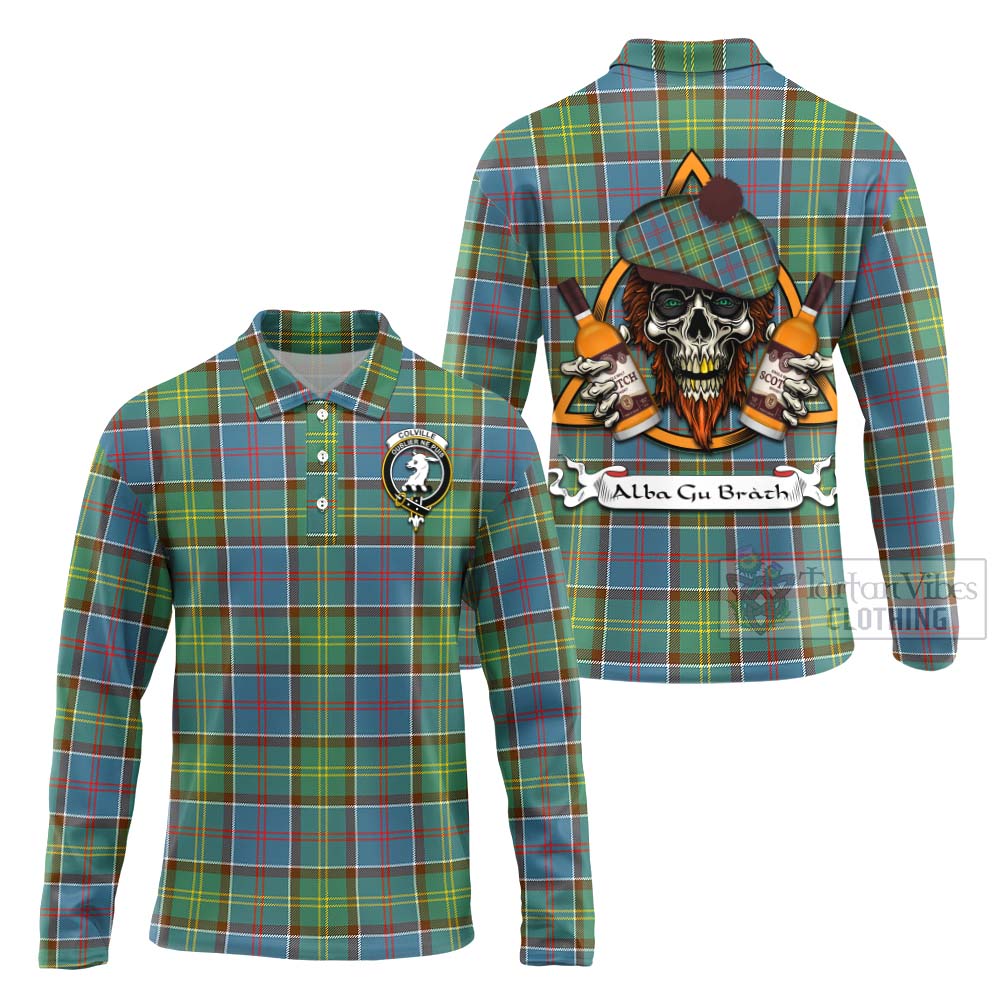 Tartan Vibes Clothing Colville Tartan Long Sleeve Polo Shirt with Family Crest and Bearded Skull Holding Bottles of Whiskey