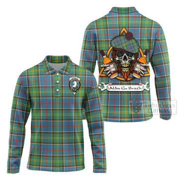 Colville Tartan Long Sleeve Polo Shirt with Family Crest and Bearded Skull Holding Bottles of Whiskey