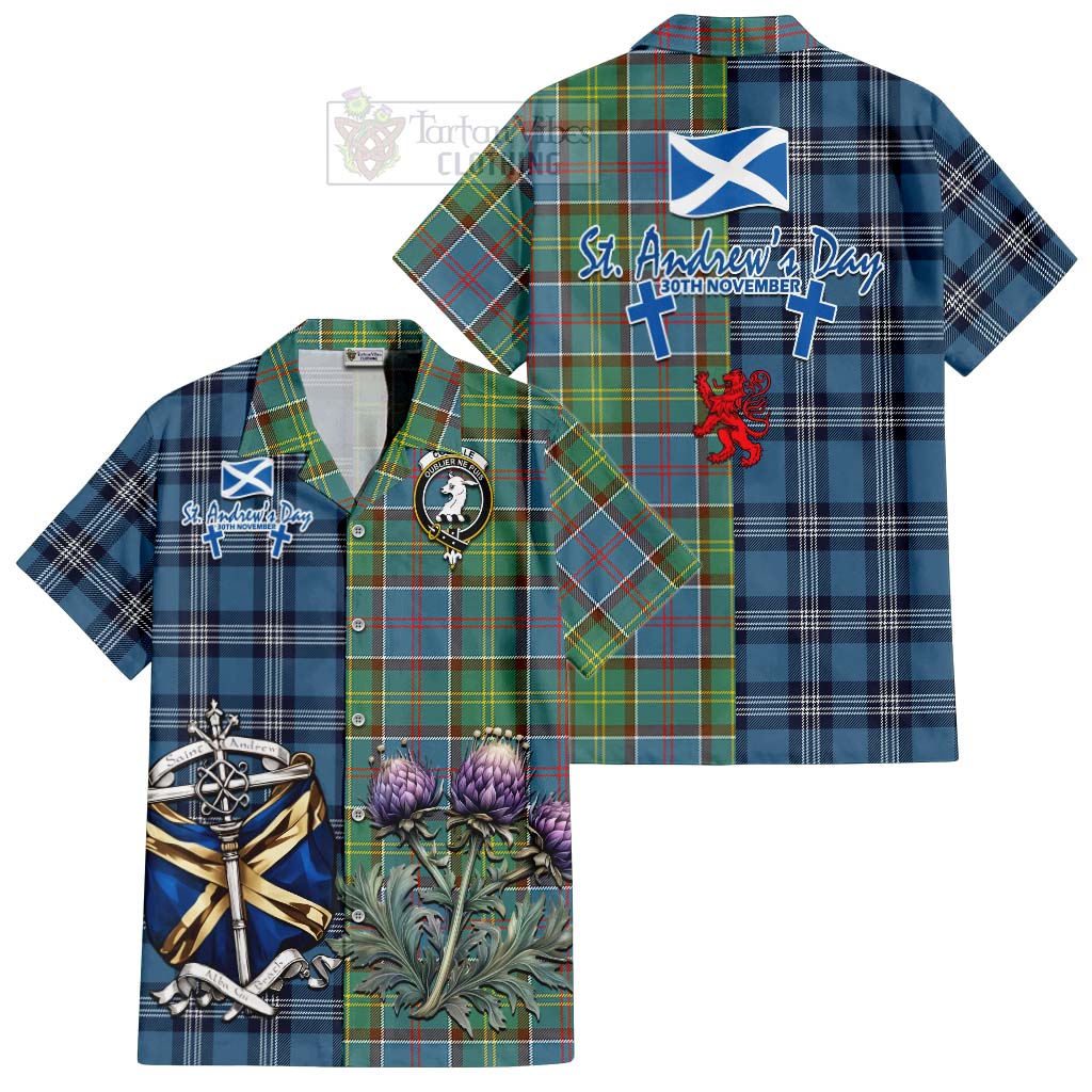 Tartan Vibes Clothing Colville Tartan Short Sleeve Button Shirt Happy St. Andrew's Day Half Tartan Style