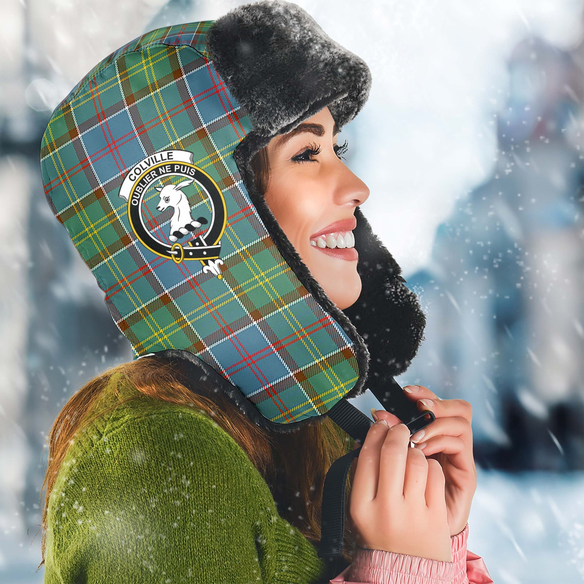 Colville Tartan Winter Trapper Hat with Family Crest Winter Trapper Hat Universal Fit Circumference 22.8in (58cm) - Tartanvibesclothing