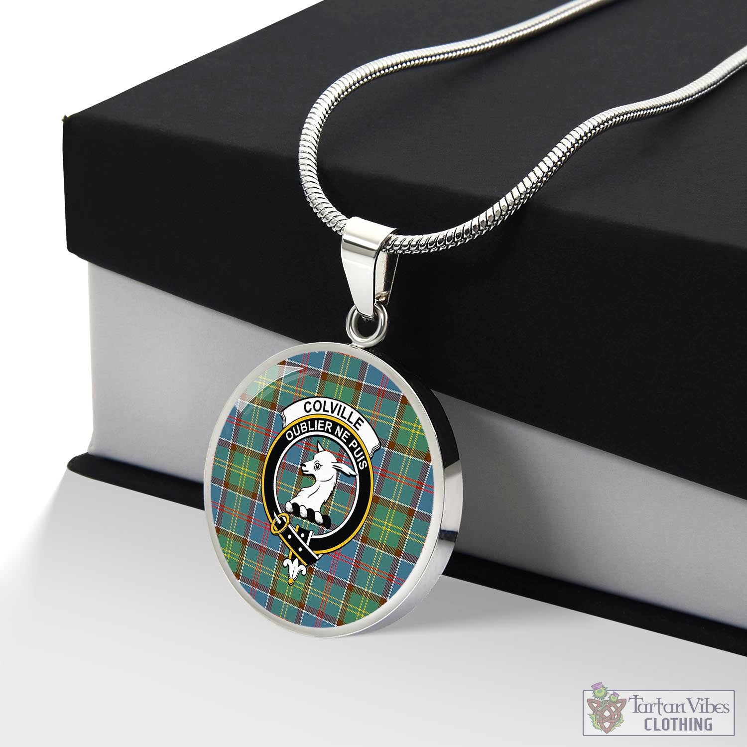 Tartan Vibes Clothing Colville Tartan Circle Necklace with Family Crest