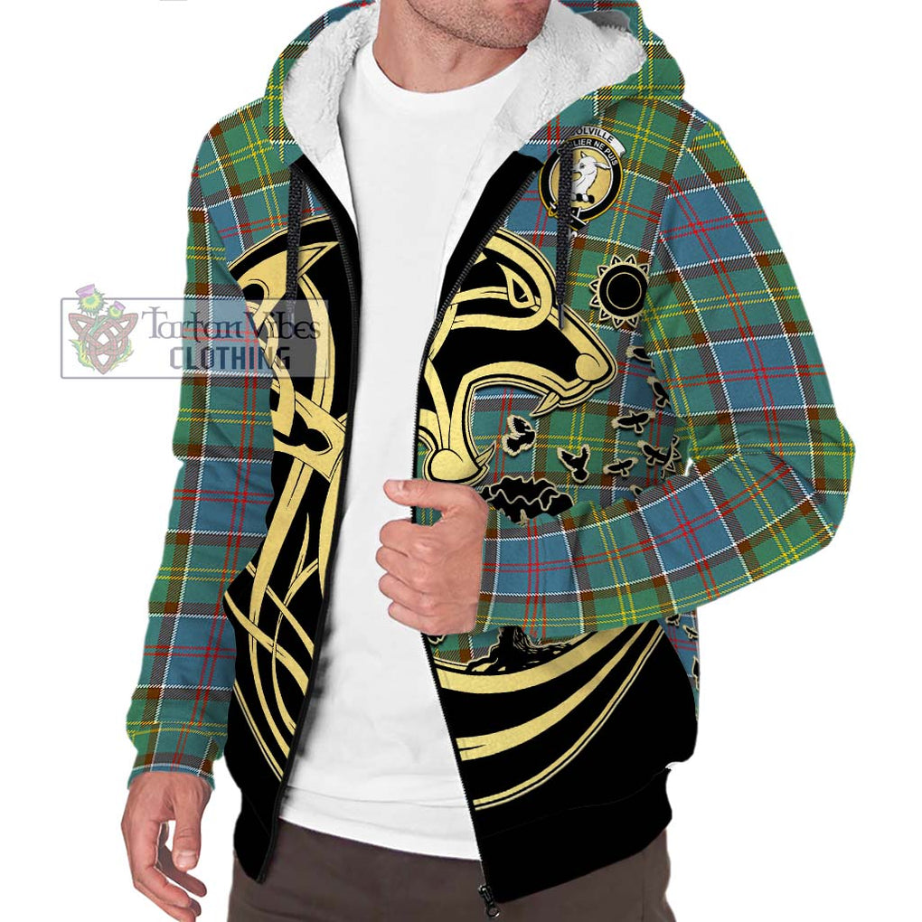 Colville Tartan Sherpa Hoodie with Family Crest Celtic Wolf Style Unisex S - Tartan Vibes Clothing