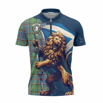 Colville Tartan Family Crest Zipper Polo Shirt with Scottish Majestic Lion