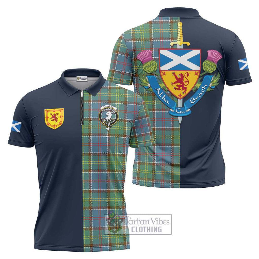 Tartan Vibes Clothing Colville Tartan Zipper Polo Shirt with Scottish Lion Royal Arm Half Style