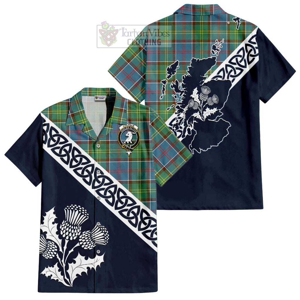 Tartan Vibes Clothing Colville Tartan Short Sleeve Button Shirt Featuring Thistle and Scotland Map