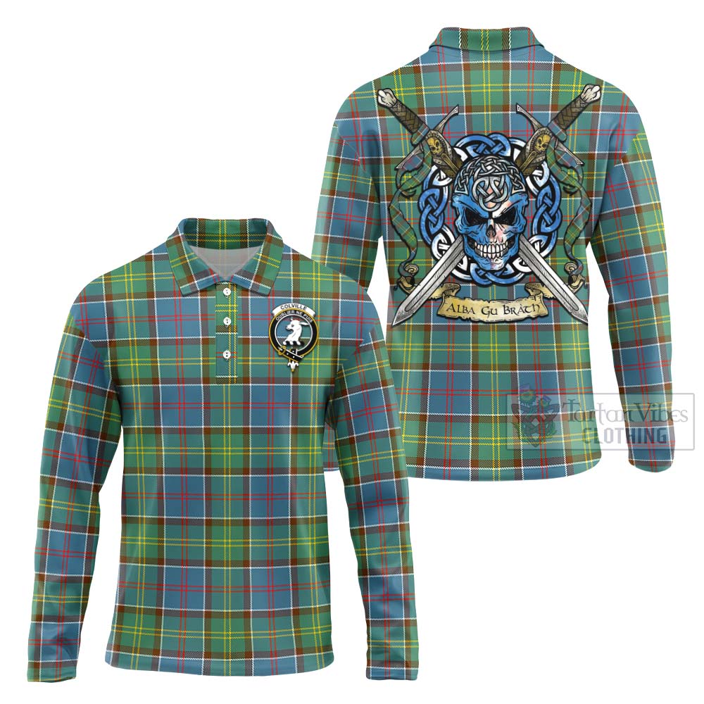 Tartan Vibes Clothing Colville Tartan Long Sleeve Polo Shirt with Family Crest Celtic Skull Style