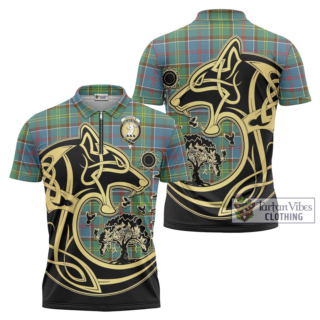 Colville Tartan Zipper Polo Shirt with Family Crest Celtic Wolf Style Unisex - Tartanvibesclothing Shop