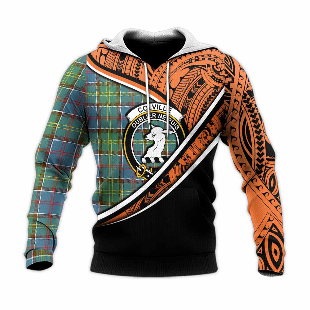 Tartan Vibes Clothing Colville Crest Tartan Knitted Hoodie with Maori Tattoo Style - Orange Version