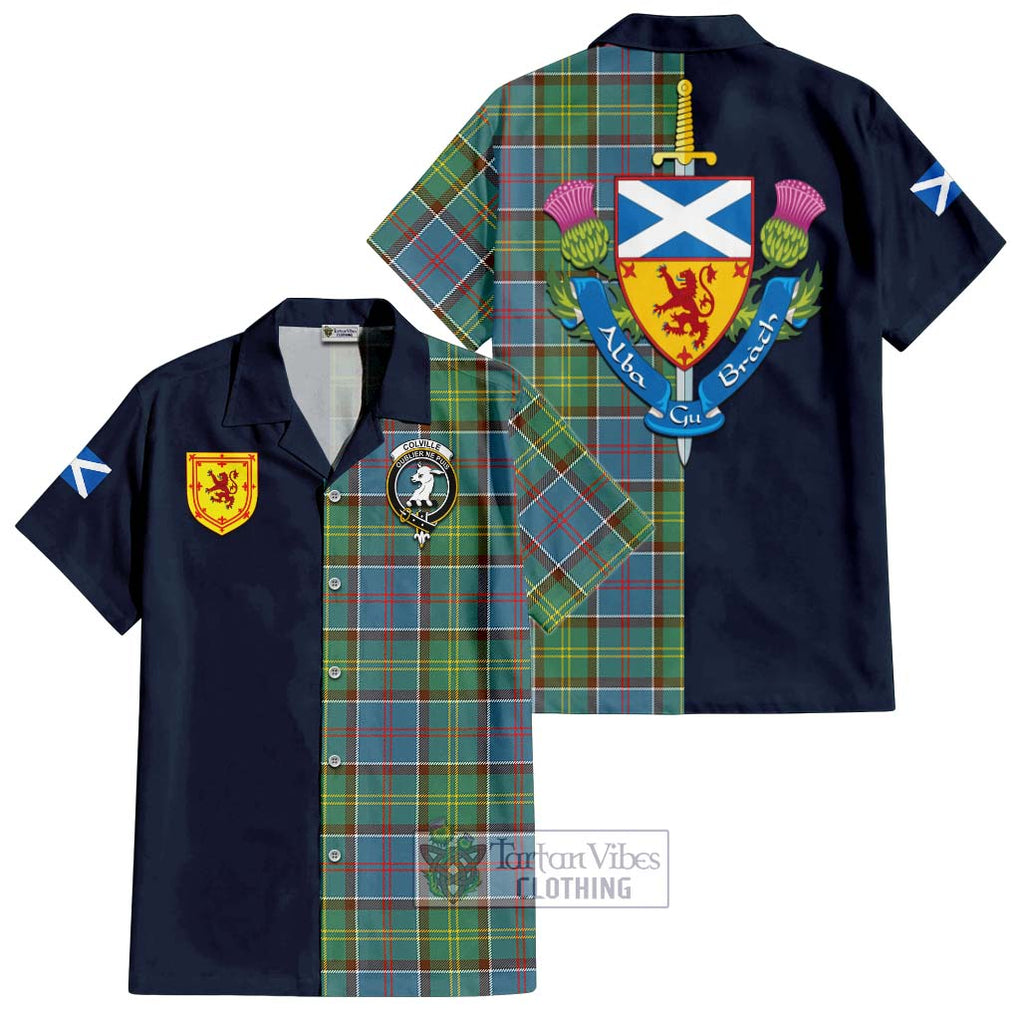 Tartan Vibes Clothing Colville Tartan Short Sleeve Button Shirt with Scottish Lion Royal Arm Half Style