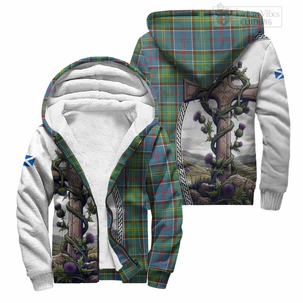 Tartan Vibes Clothing Colville Tartan Sherpa Hoodie with Family Crest and St. Andrew's Cross Accented by Thistle Vines