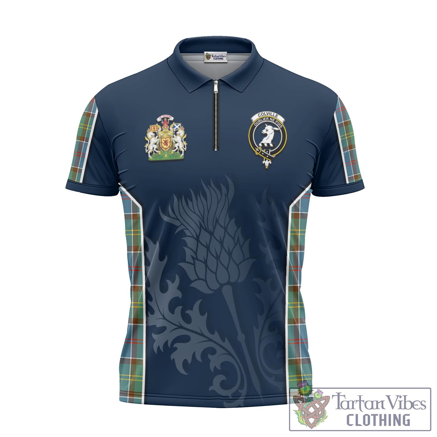 Tartan Vibes Clothing Colville Tartan Zipper Polo Shirt with Family Crest and Scottish Thistle Vibes Sport Style