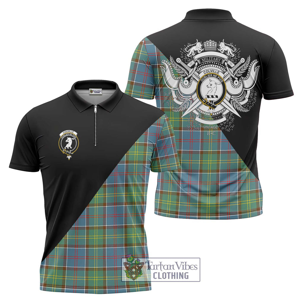 Colville Tartan Zipper Polo Shirt with Family Crest and Military Logo Style Unisex - Tartanvibesclothing Shop