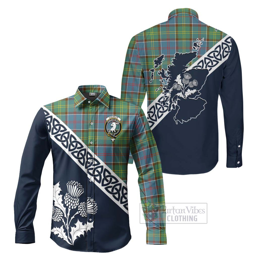 Colville Tartan Long Sleeve Button Shirt Featuring Thistle and Scotland Map Men's Shirt S - Tartan Vibes Clothing
