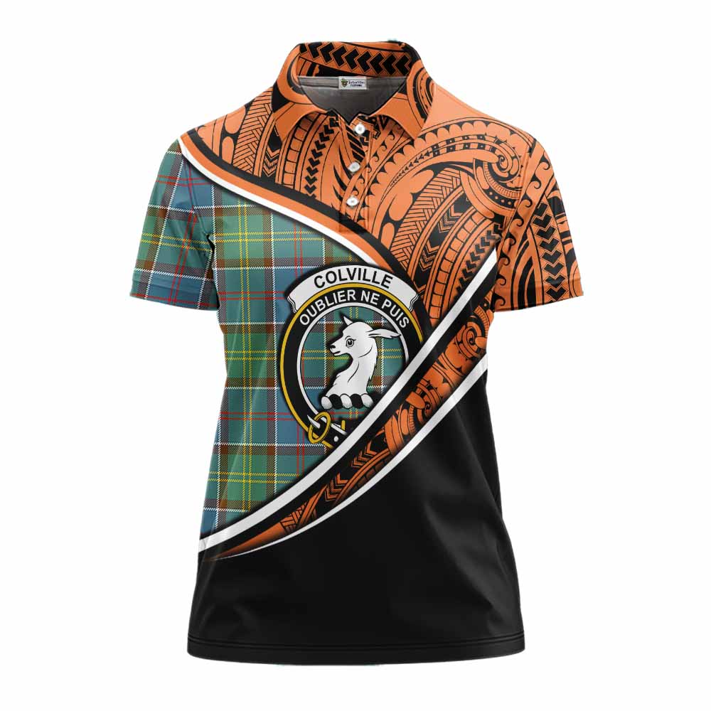 Tartan Vibes Clothing Colville Crest Tartan Women's Polo Shirt with Maori Tattoo Style - Orange Version