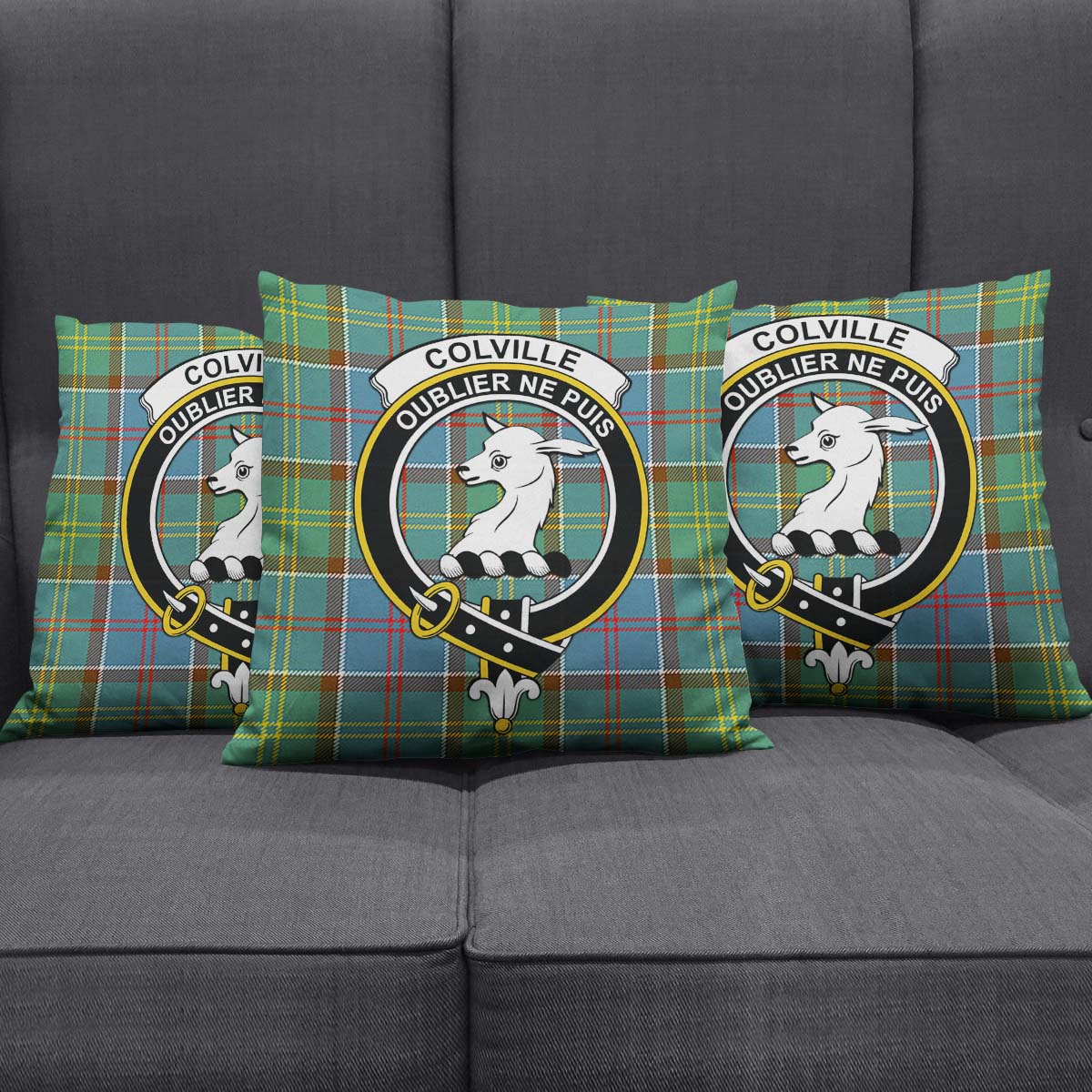 Colville Tartan Pillow Cover with Family Crest Square Pillow Cover - Tartanvibesclothing