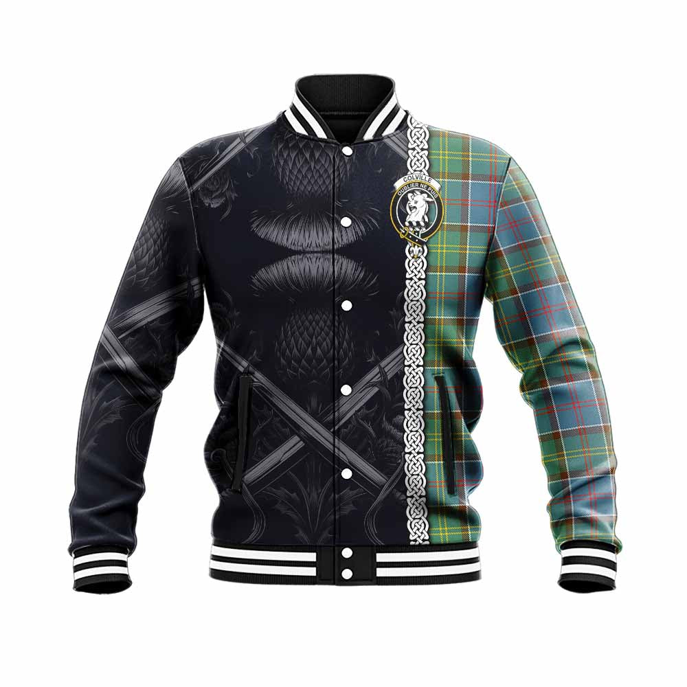 Tartan Vibes Clothing Colville Tartan Baseball Jacket with Family Crest Cross Sword Thistle Celtic Vibes