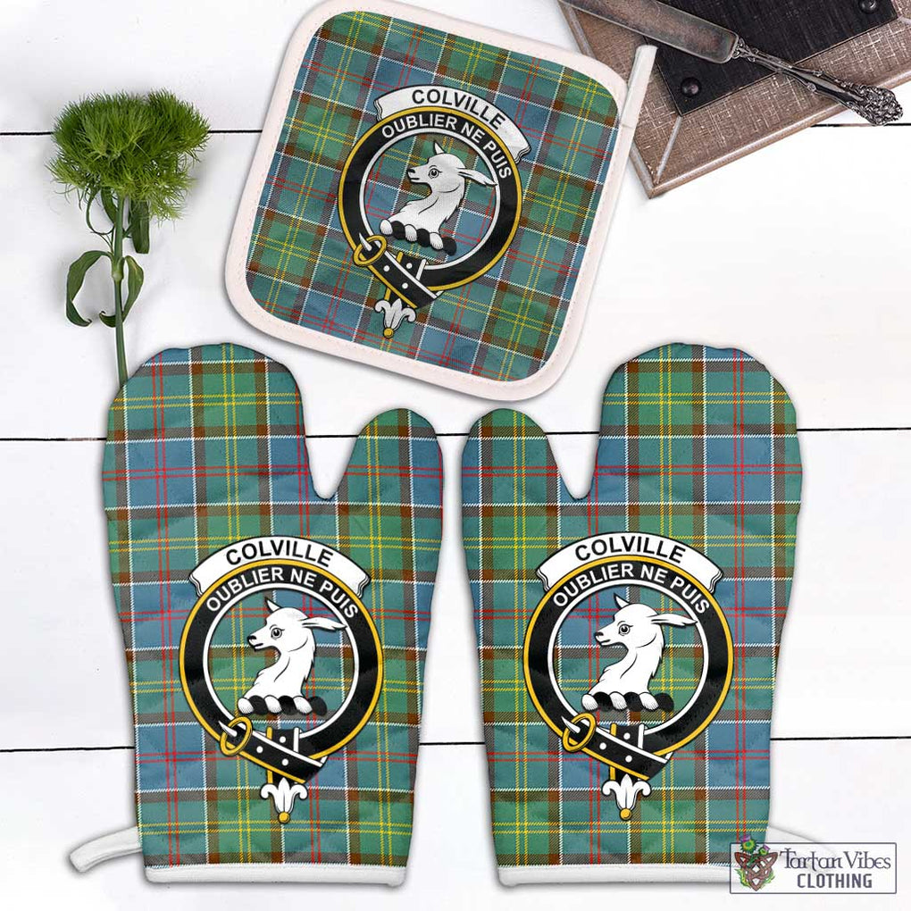 Colville Tartan Combo Oven Mitt & Pot-Holder with Family Crest Combo 1 Oven Mitt & 1 Pot-Holder White - Tartan Vibes Clothing