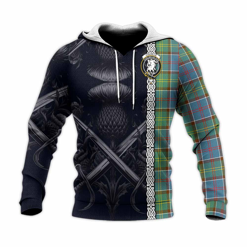 Tartan Vibes Clothing Colville Tartan Knitted Hoodie with Family Crest Cross Sword Thistle Celtic Vibes