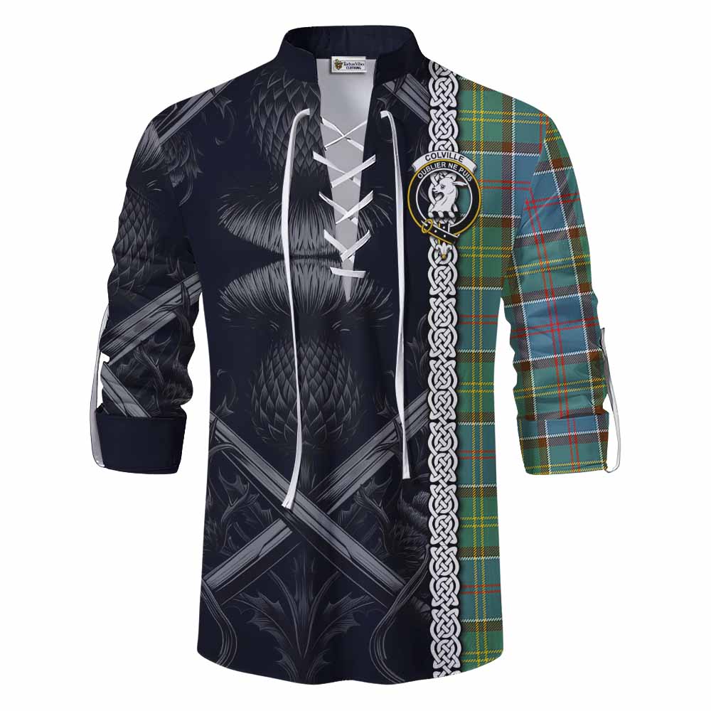 Tartan Vibes Clothing Colville Tartan Ghillie Kilt Shirt with Family Crest Cross Sword Thistle Celtic Vibes