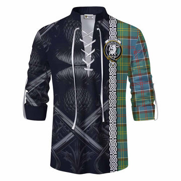 Colville Tartan Ghillie Kilt Shirt with Family Crest Cross Sword Thistle Celtic Vibes