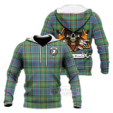 Colville Tartan Knitted Hoodie with Family Crest and Bearded Skull Holding Bottles of Whiskey