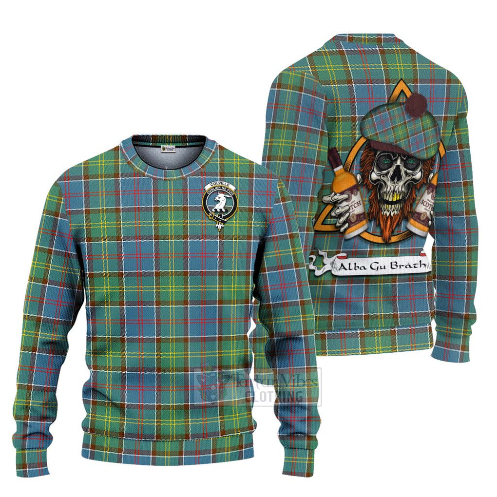 Tartan Vibes Clothing Colville Tartan Knitted Sweater with Family Crest and Bearded Skull Holding Bottles of Whiskey