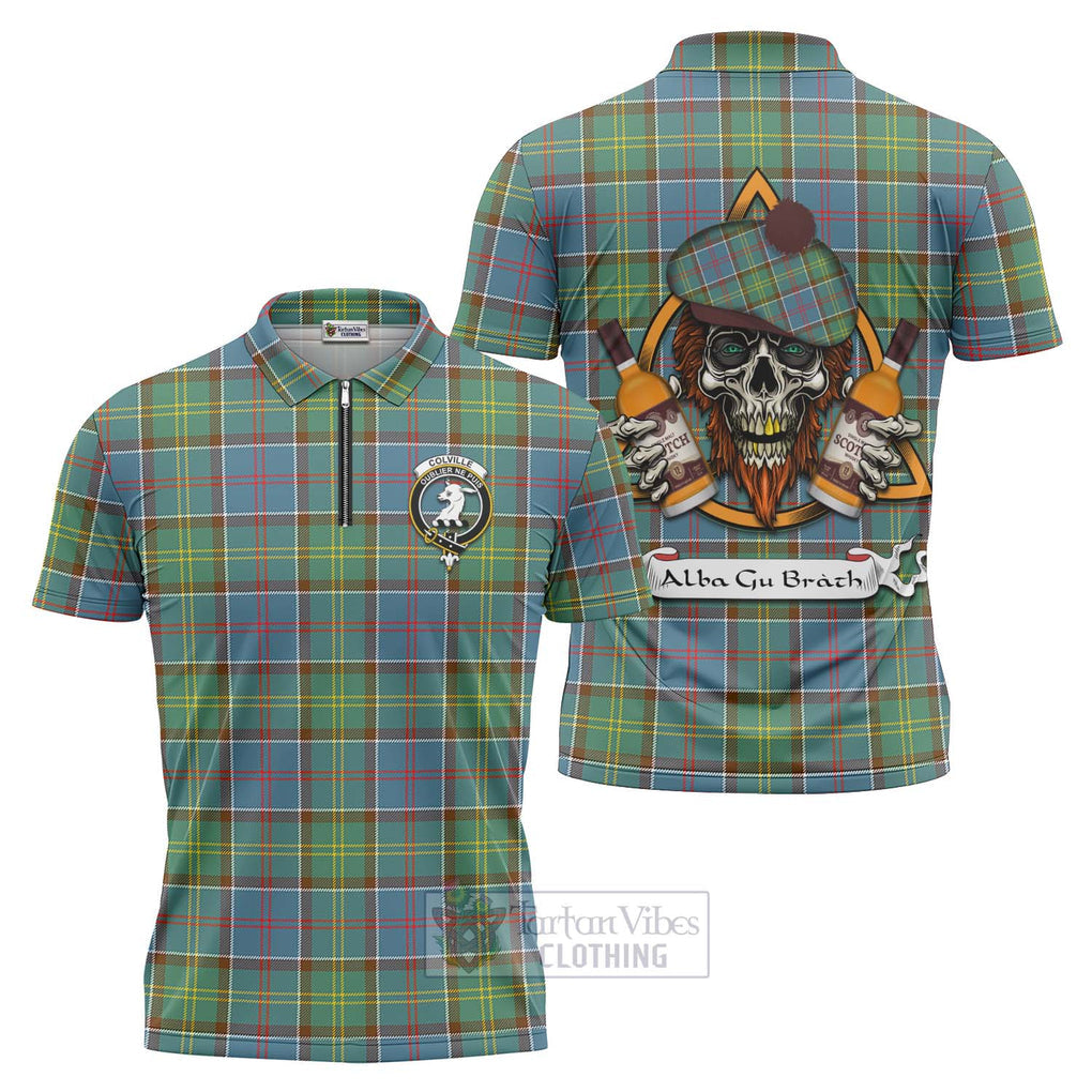 Tartan Vibes Clothing Colville Tartan Zipper Polo Shirt with Family Crest and Bearded Skull Holding Bottles of Whiskey