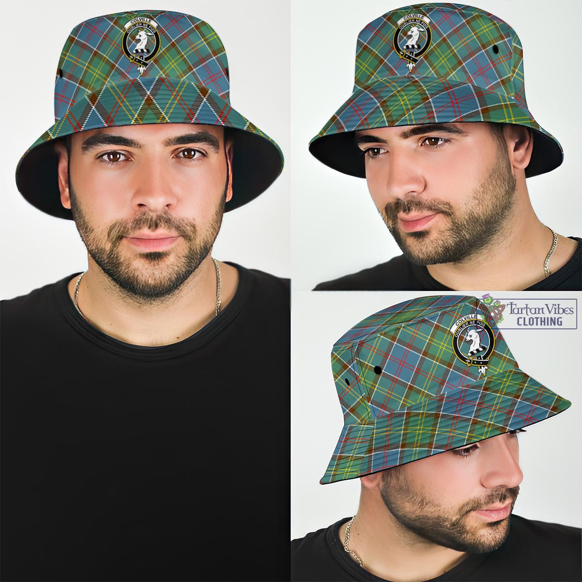 Tartan Vibes Clothing Colville Tartan Bucket Hat with Family Crest