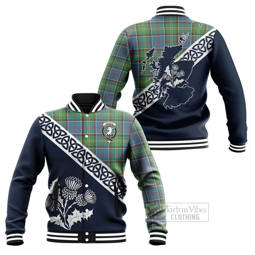 Tartan Vibes Clothing Colville Tartan Baseball Jacket Featuring Thistle and Scotland Map