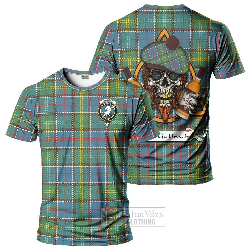 Tartan Vibes Clothing Colville Tartan T-Shirt with Family Crest and Bearded Skull Holding Bottles of Whiskey