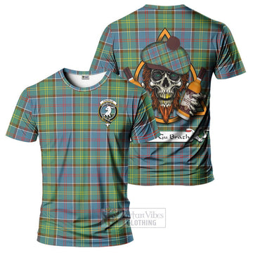 Colville Tartan T-Shirt with Family Crest and Bearded Skull Holding Bottles of Whiskey