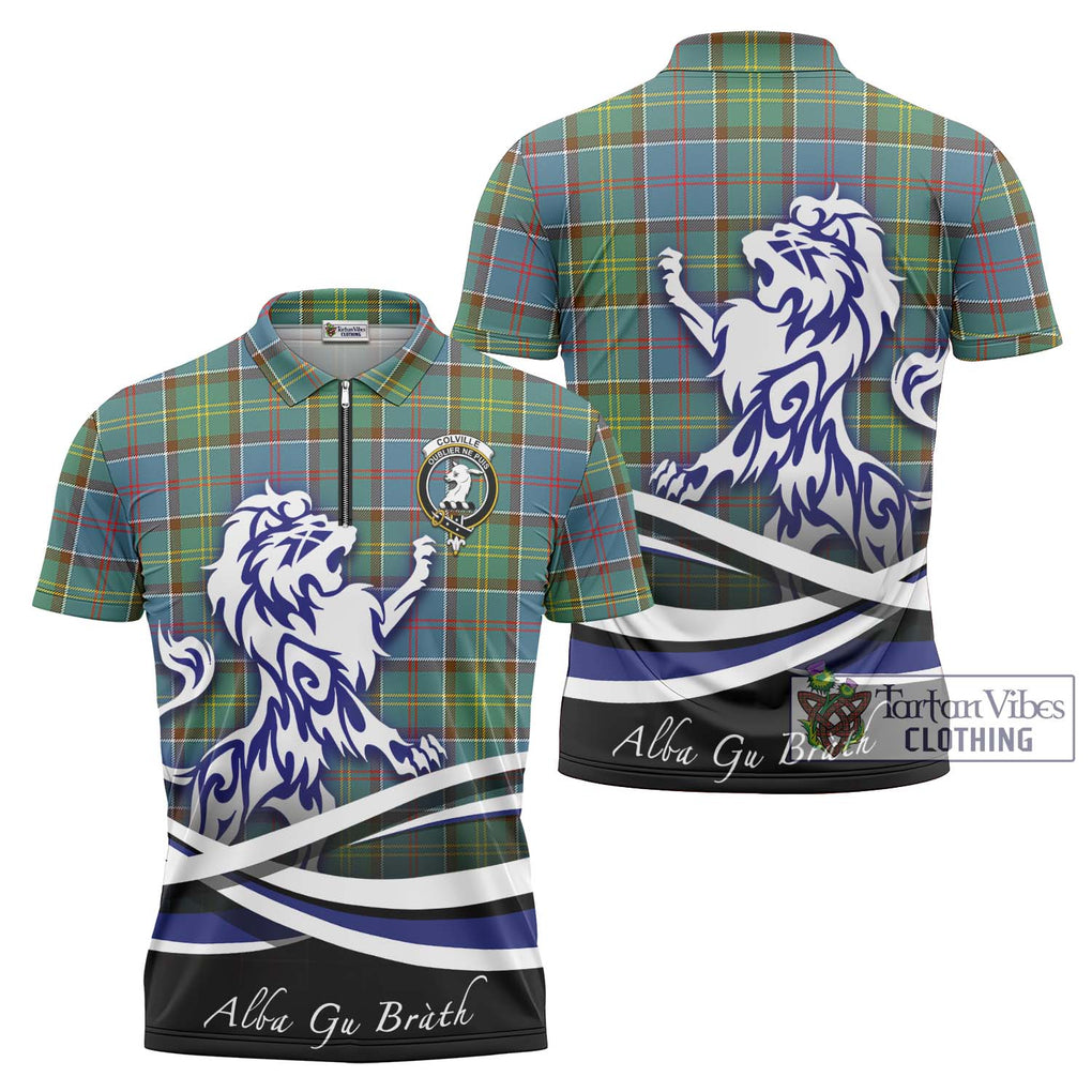 Colville Tartan Zipper Polo Shirt with Alba Gu Brath Regal Lion Emblem Unisex - Tartanvibesclothing Shop