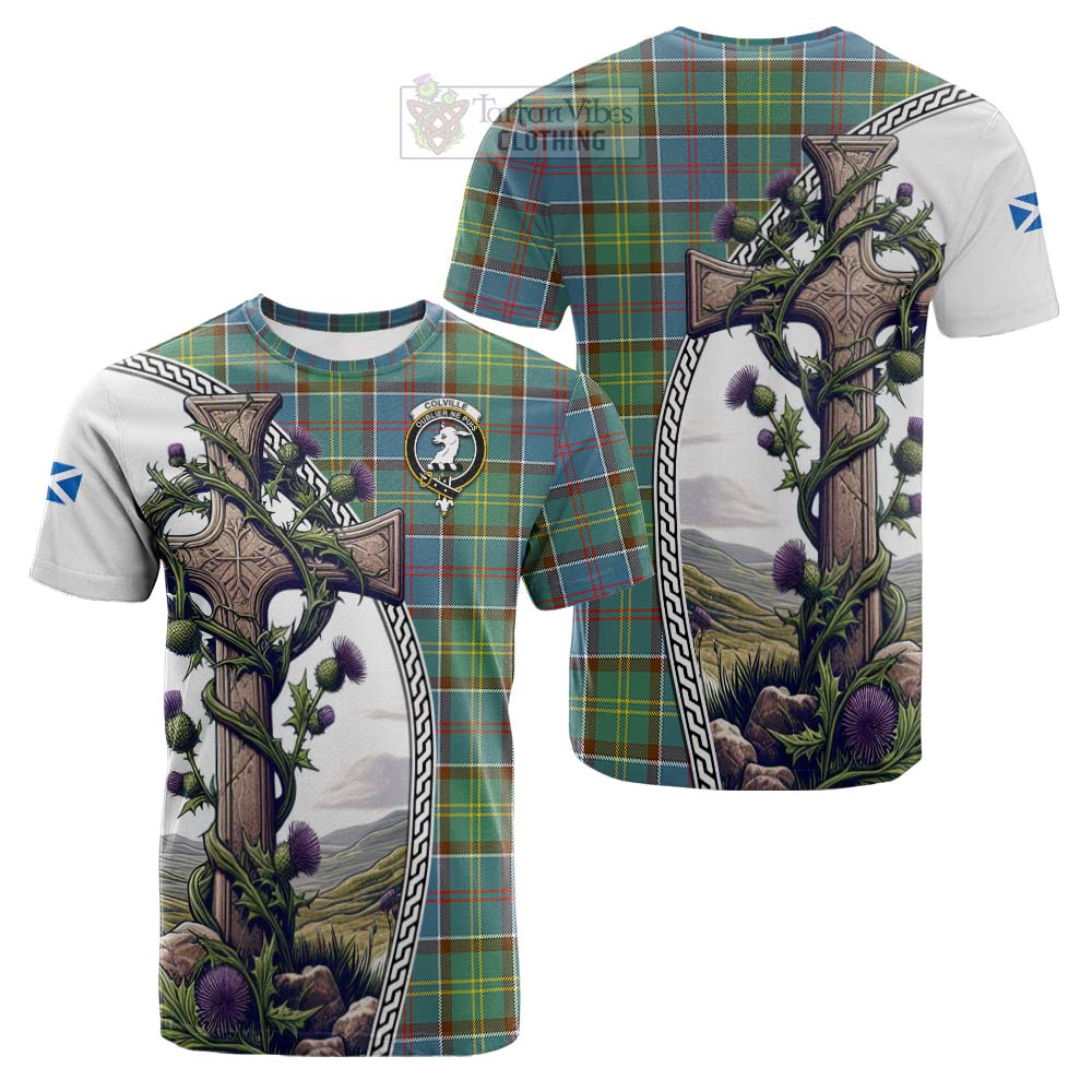 Tartan Vibes Clothing Colville Tartan Cotton T-shirt with Family Crest and St. Andrew's Cross Accented by Thistle Vines