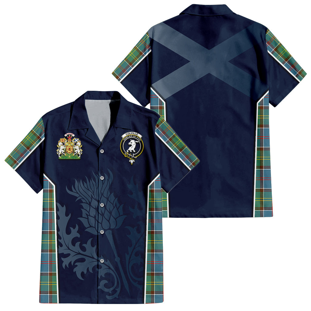 Tartan Vibes Clothing Colville Tartan Short Sleeve Button Up Shirt with Family Crest and Scottish Thistle Vibes Sport Style