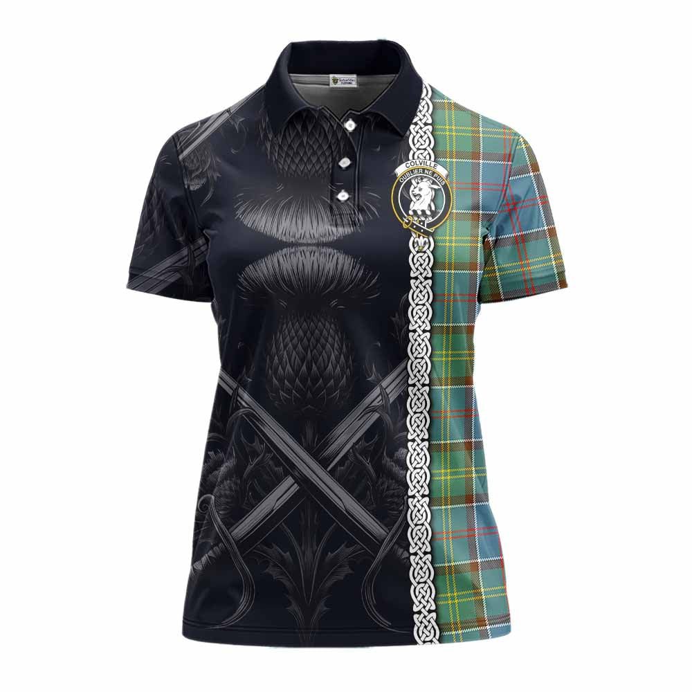 Tartan Vibes Clothing Colville Tartan Women's Polo Shirt with Family Crest Cross Sword Thistle Celtic Vibes