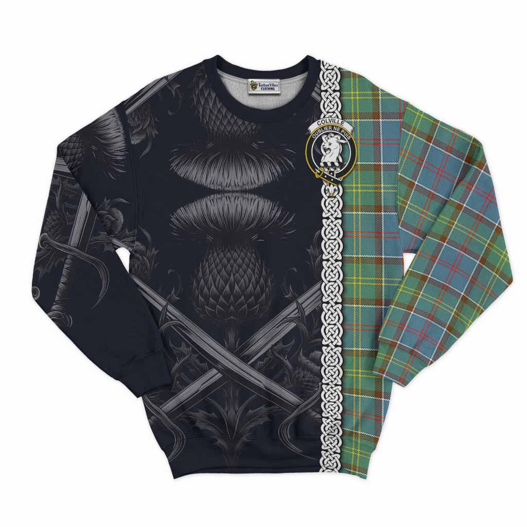 Tartan Vibes Clothing Colville Tartan Sweatshirt with Family Crest Cross Sword Thistle Celtic Vibes