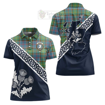 Colville Tartan Women's Polo Shirt Featuring Thistle and Scotland Map